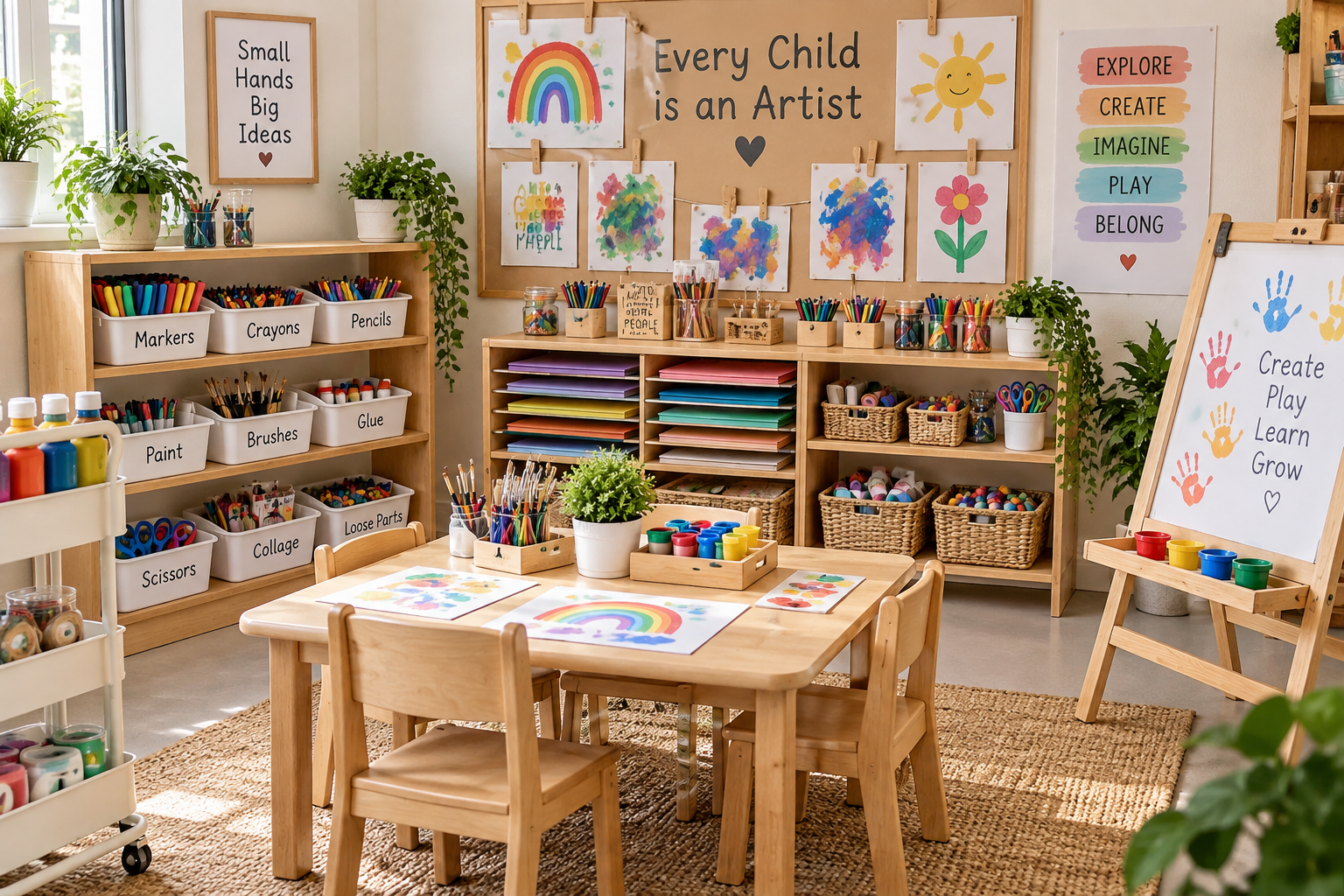 Organized preschool art area with child-height shelves, accessible art supplies and a creative workspace for young children