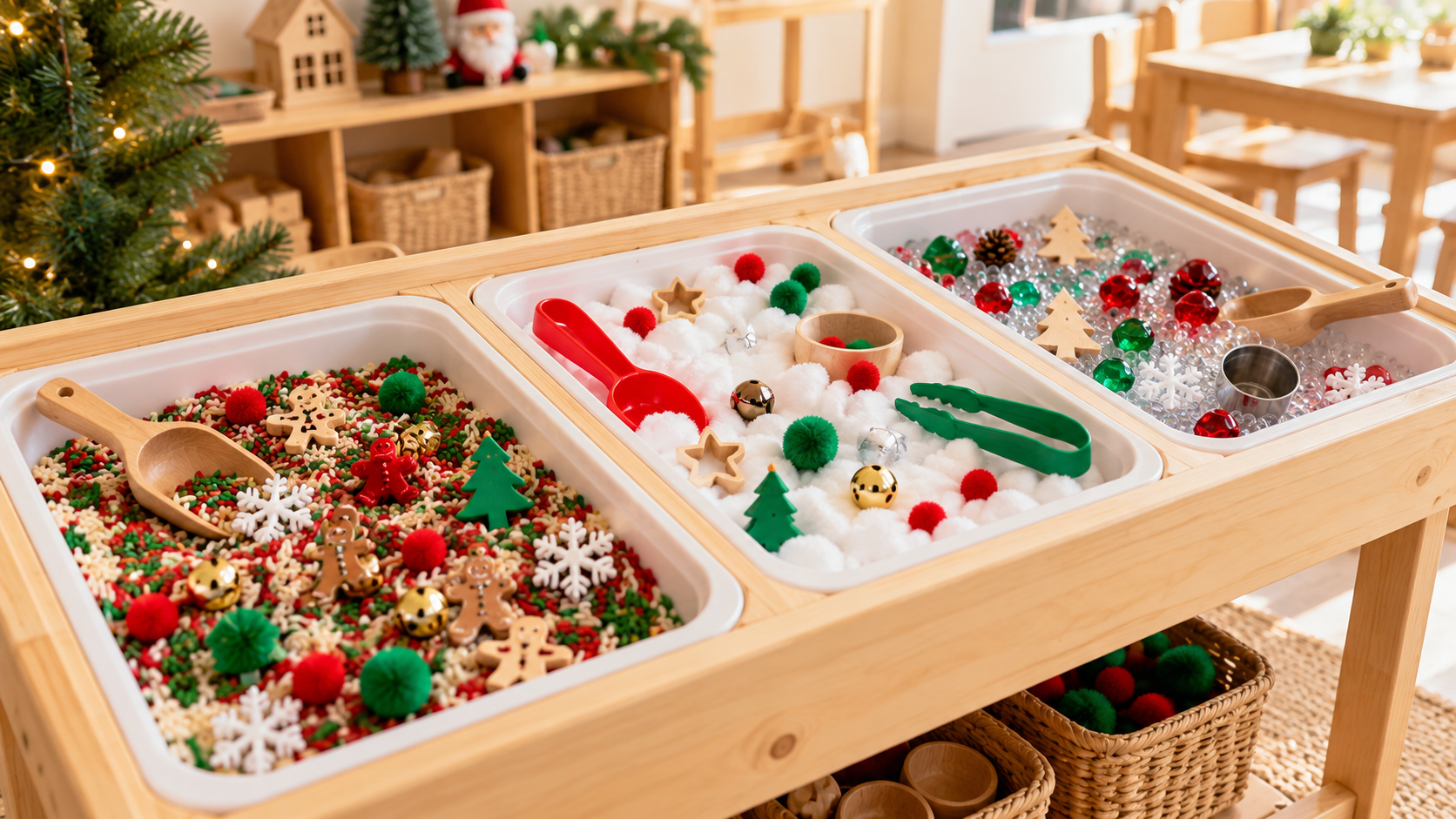Christmas sensory activities for preschool featuring festive sensory bins with red, green and white materials, scoops, tongs and loose parts on a wooden classroom sensory table.