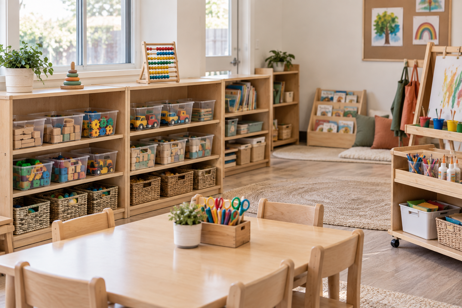 Organized preschool classroom with child-accessible storage bins, baskets, books and art supplies