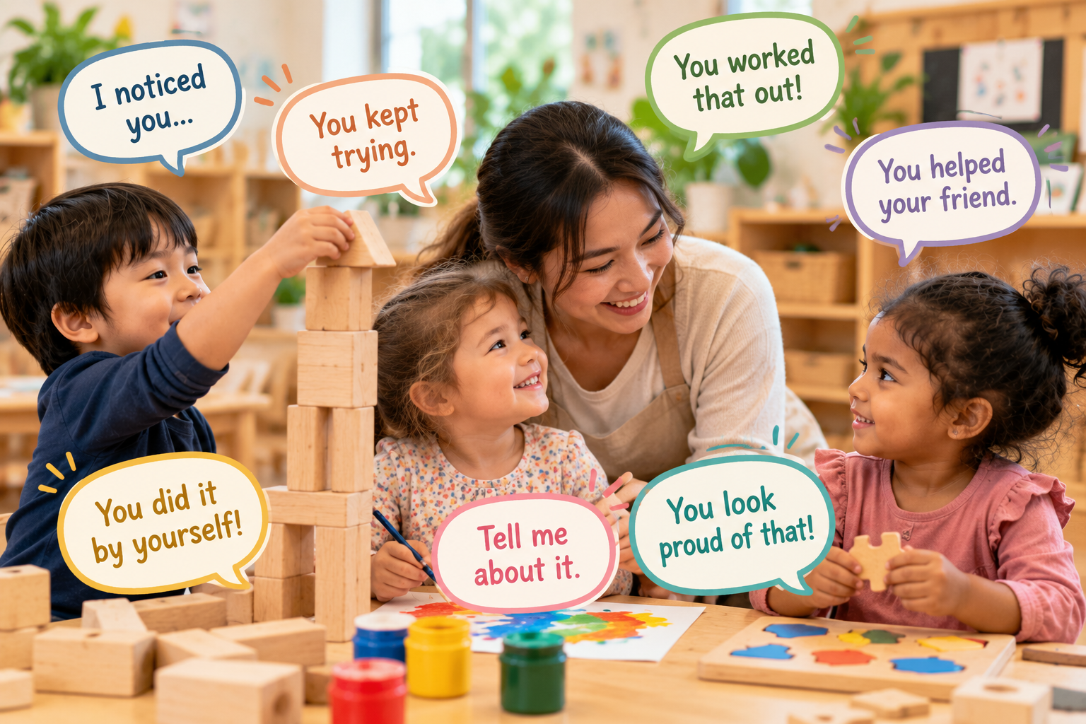 Preschool teacher encouraging children during play and learning with meaningful phrases such as “You kept trying,” “I noticed you,” and “Tell me about it."
