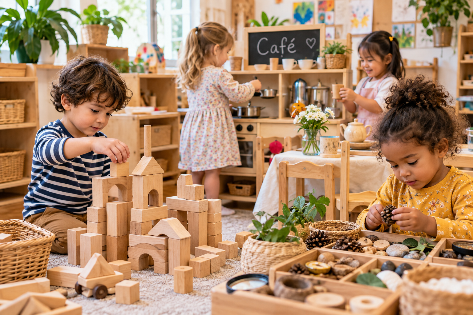 Preschool children engaged in play-based learning through block building, dramatic café play and exploring natural loose parts in a classroom.